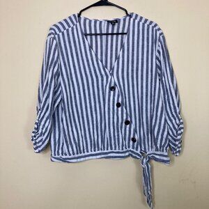 ANA Blouse Women's XXL Long Sleeve Top Linen Cropped Striped Blue White